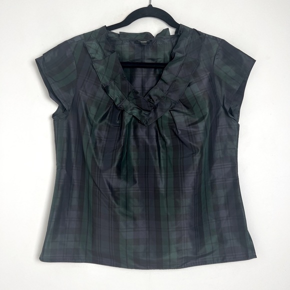 Talbots Tops - Talbots Black Watch Tartan V-Neck Ruffle 100% Silk Cap Sleeve Blouse Top Sz 8